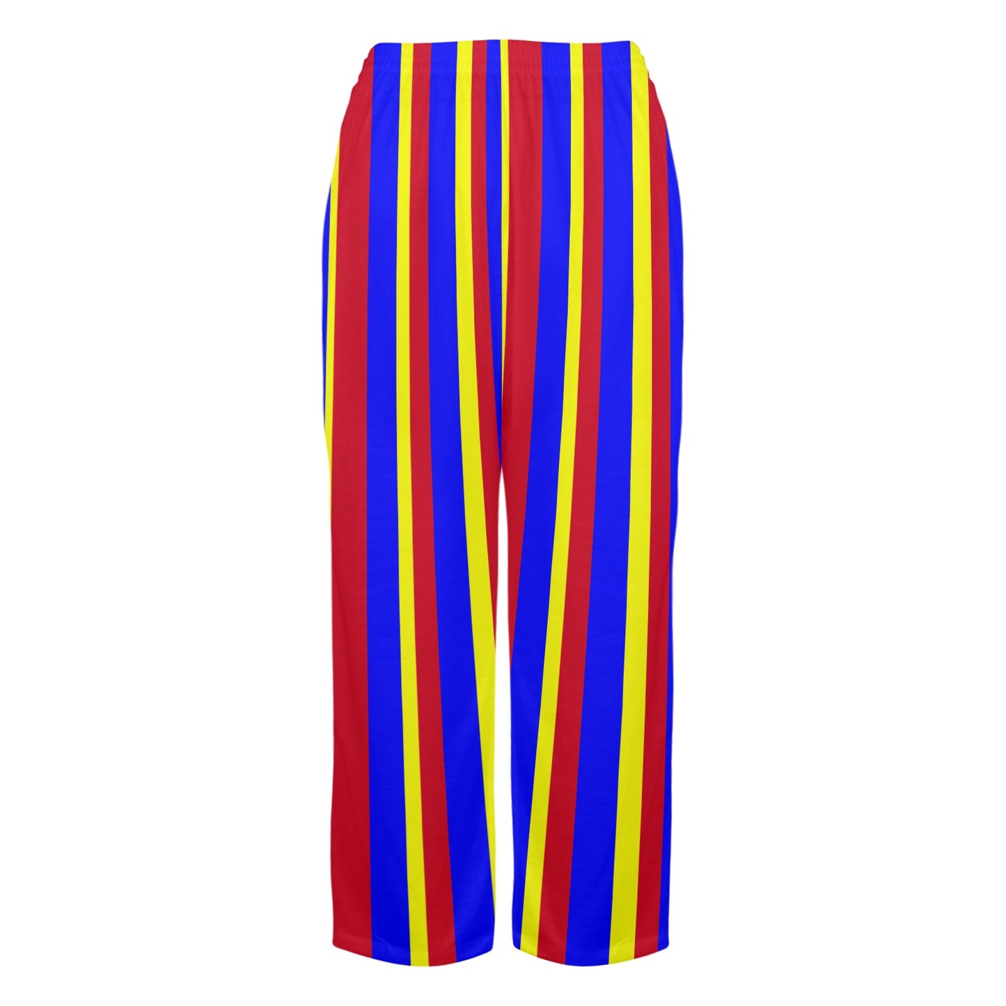 Colorful striped pants with red, yellow, and blue vertical stripes on a white background.
