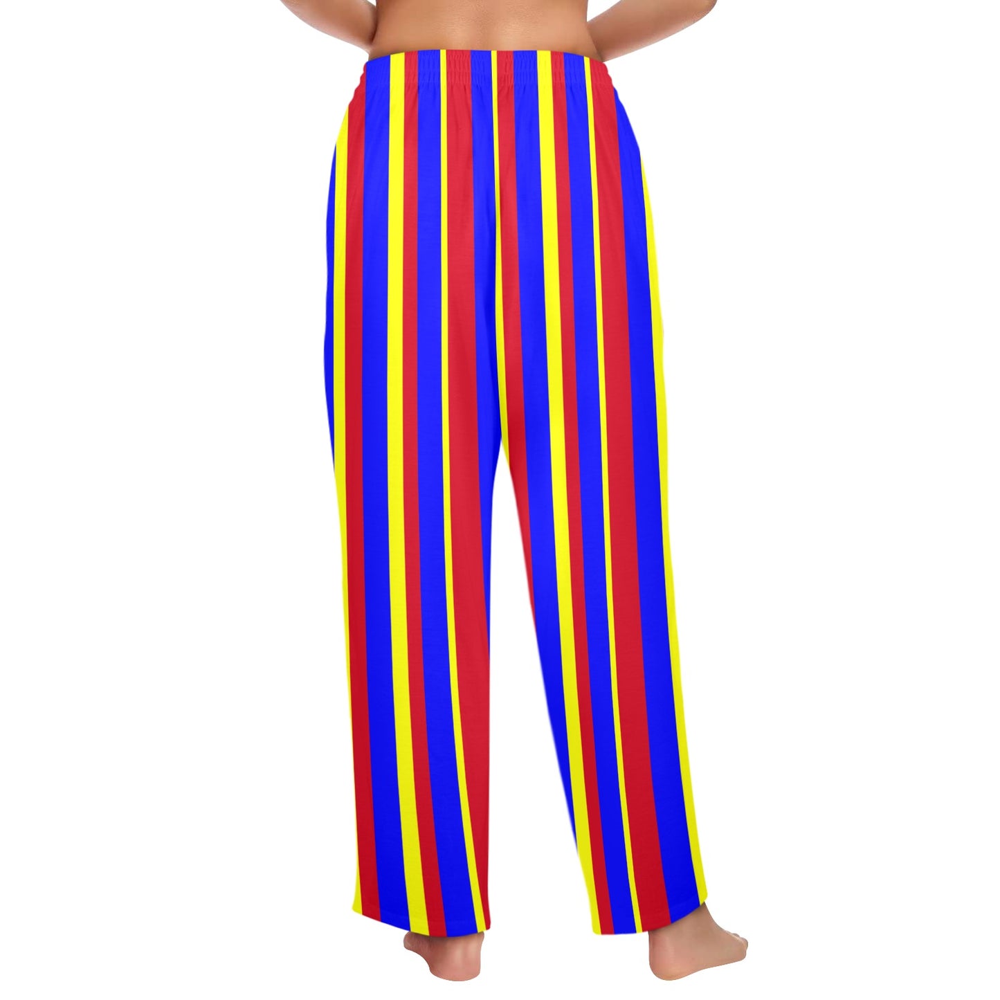 Colorful striped pants with red, yellow, and blue stripes on a white background