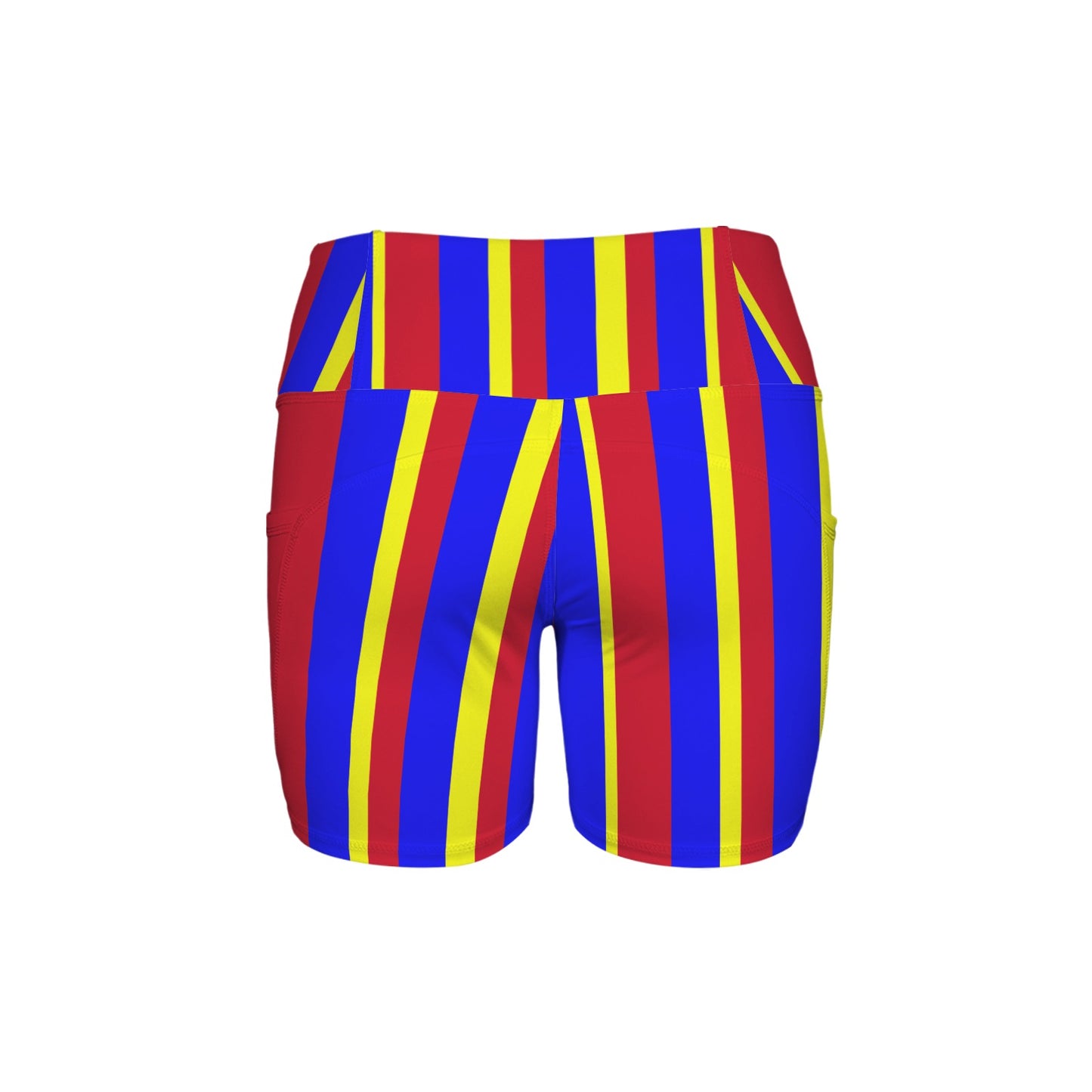 Colorful striped shorts with red, blue, and yellow pattern on a white background