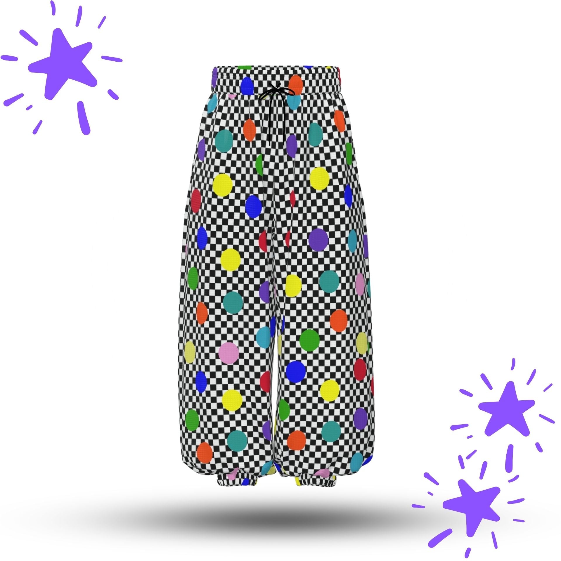 Checkered pants with colorful polka dots on a white background
