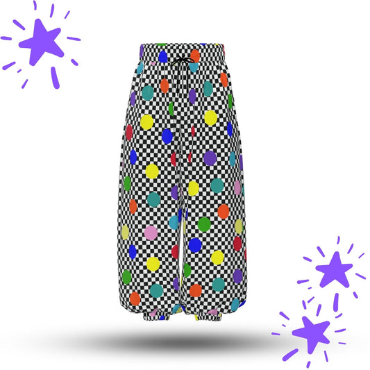 Checkered pants with colorful polka dots on a white background