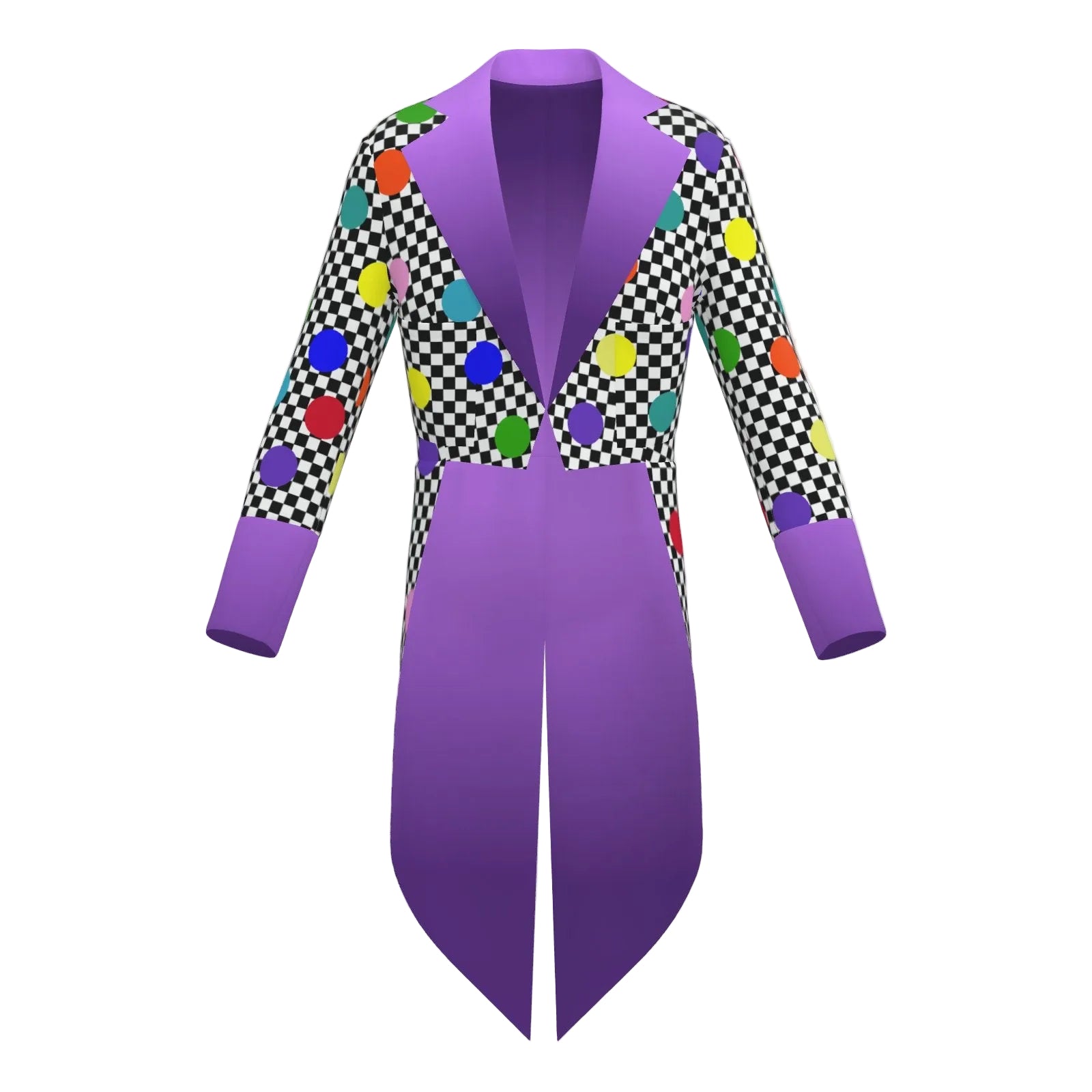 Confetti Check Joker Tailcoat clown tux jacket with polkadot check outside and purple ombre inside