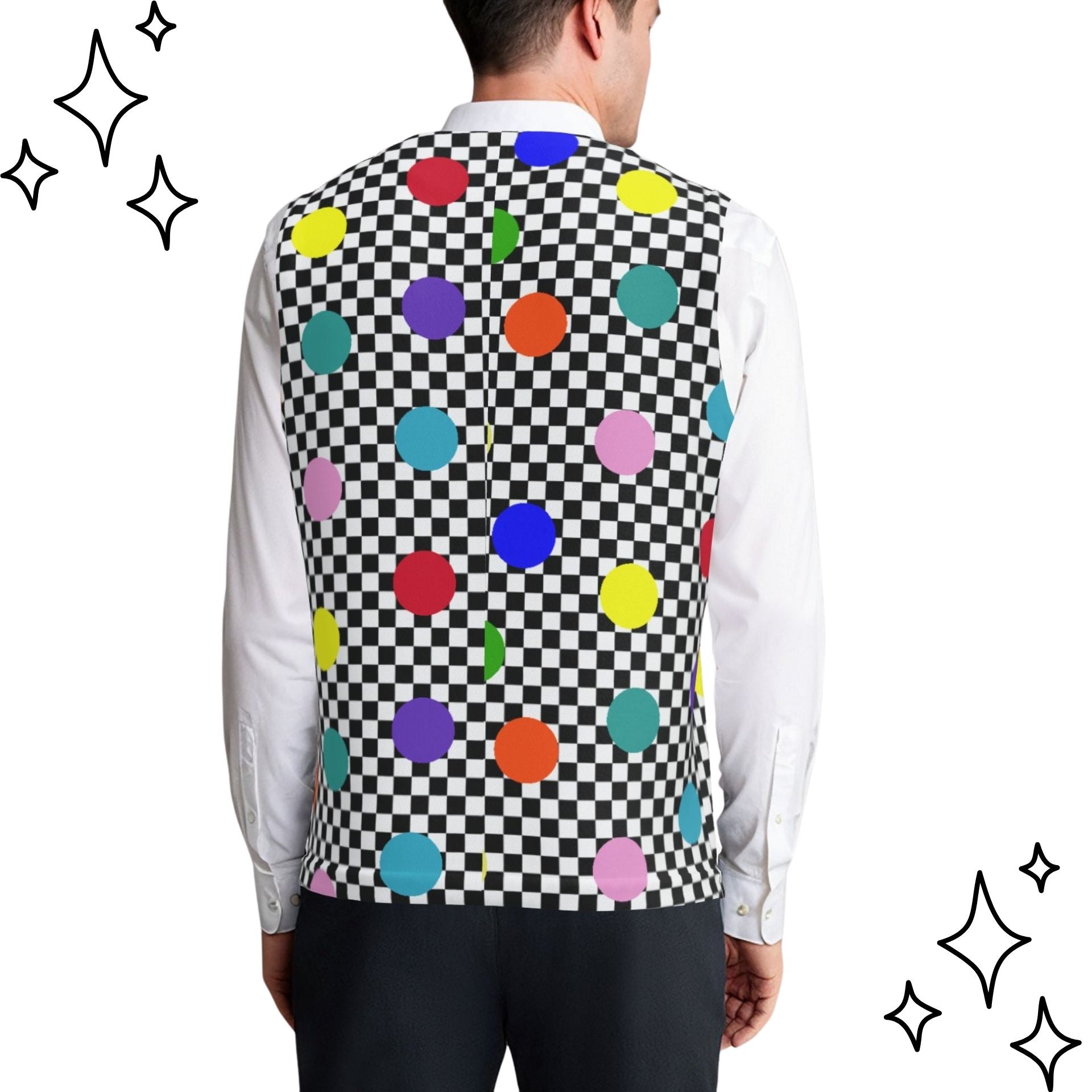 Person wearing a checkered vest with colorful polka dots on a white background