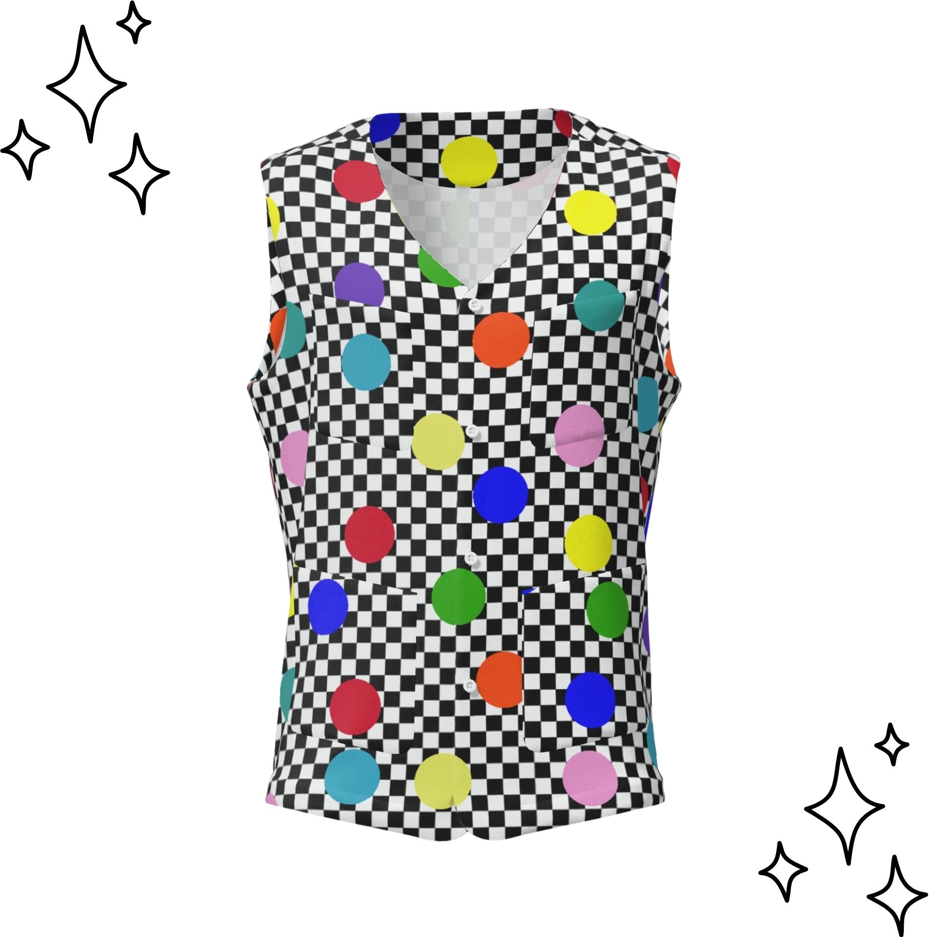 Checkered vest with colorful polka dots on a white background