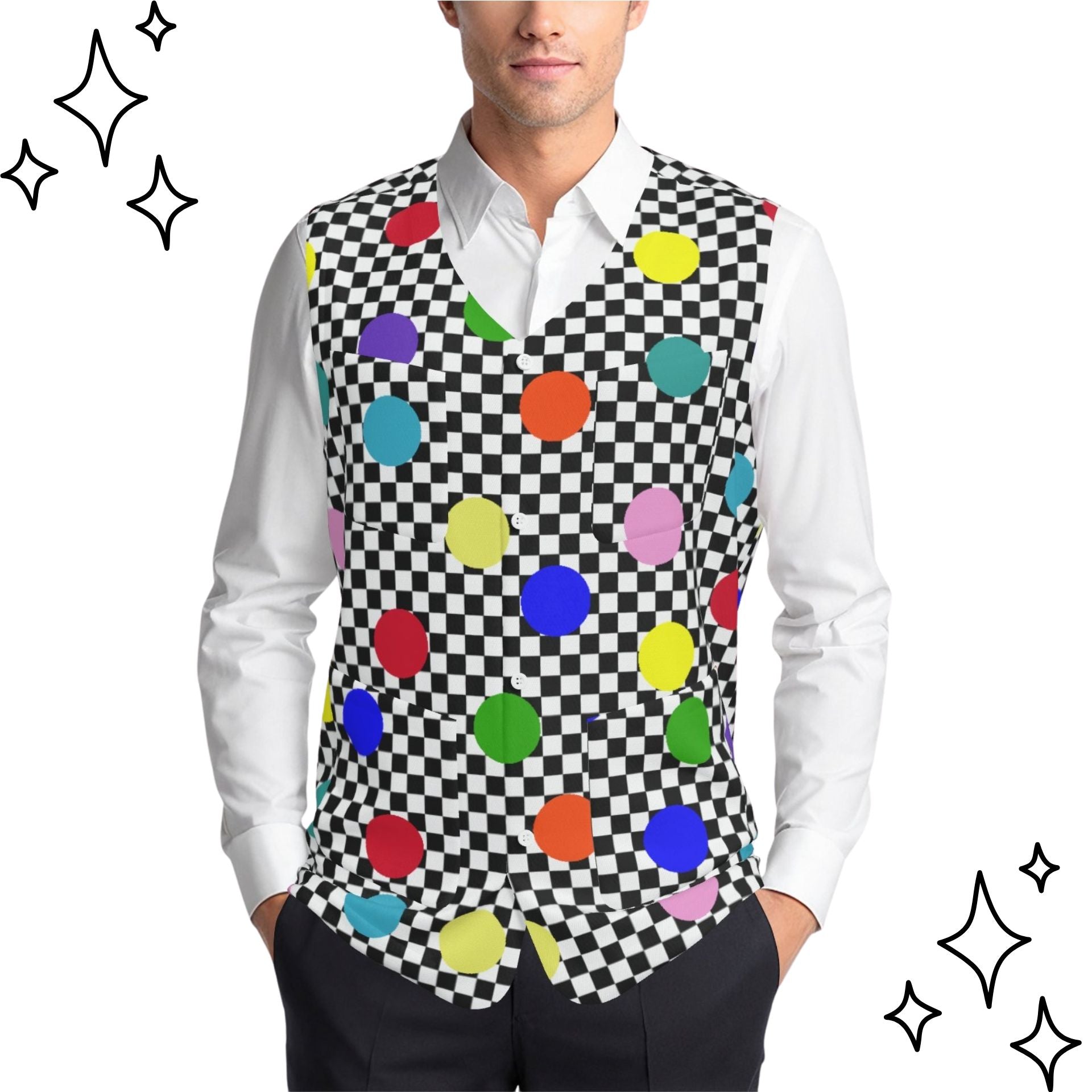 Man wearing a colorful polka dot vest over a white shirt on a white background