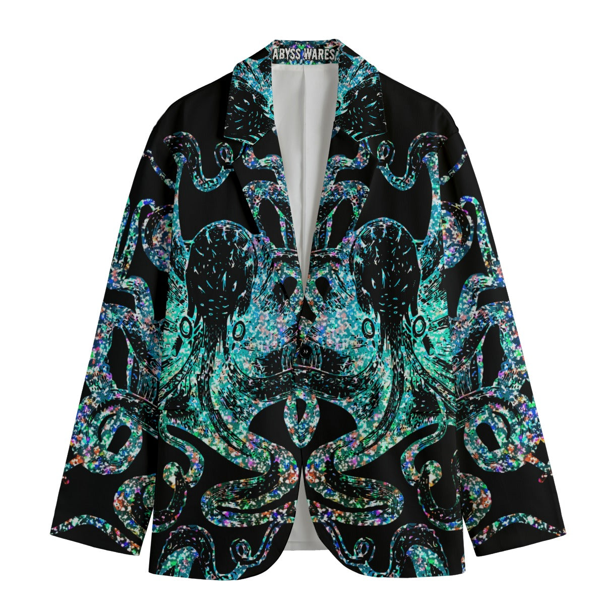 Cosmic Horror Cthulhu Mens Blazer, strange octopus print looks as through it is made of glowing static
