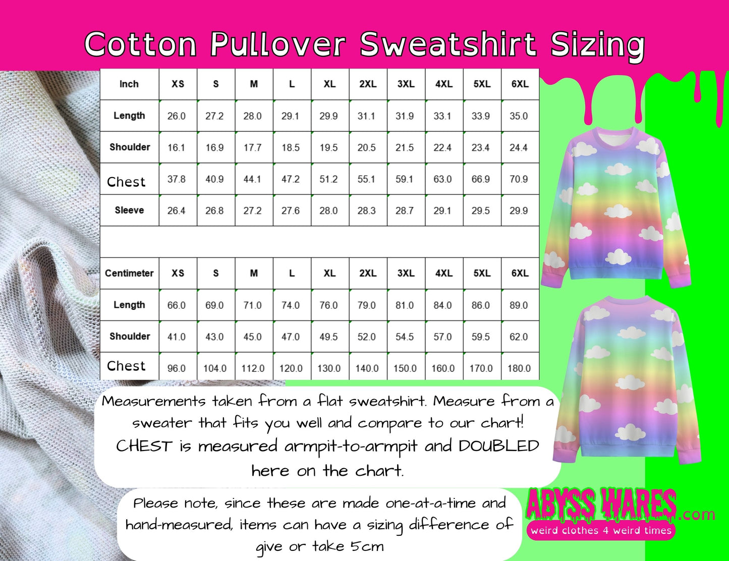 Cotton pullover sweatshirt sizing chart with a colorful sweatshirt on a green background
