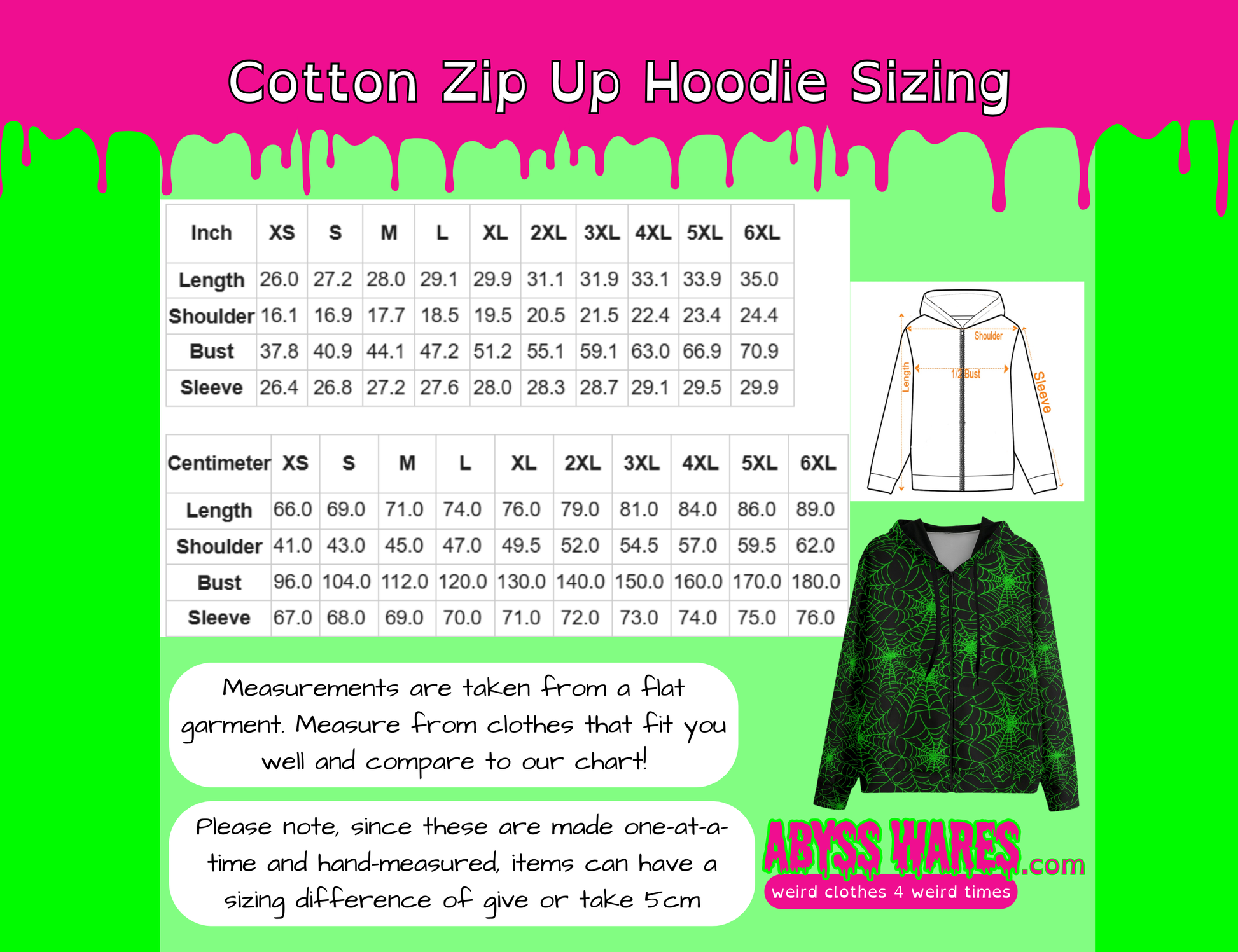 Cotton zip-up hoodie sizing chart with measurements and a green hoodie on a pink and green background.