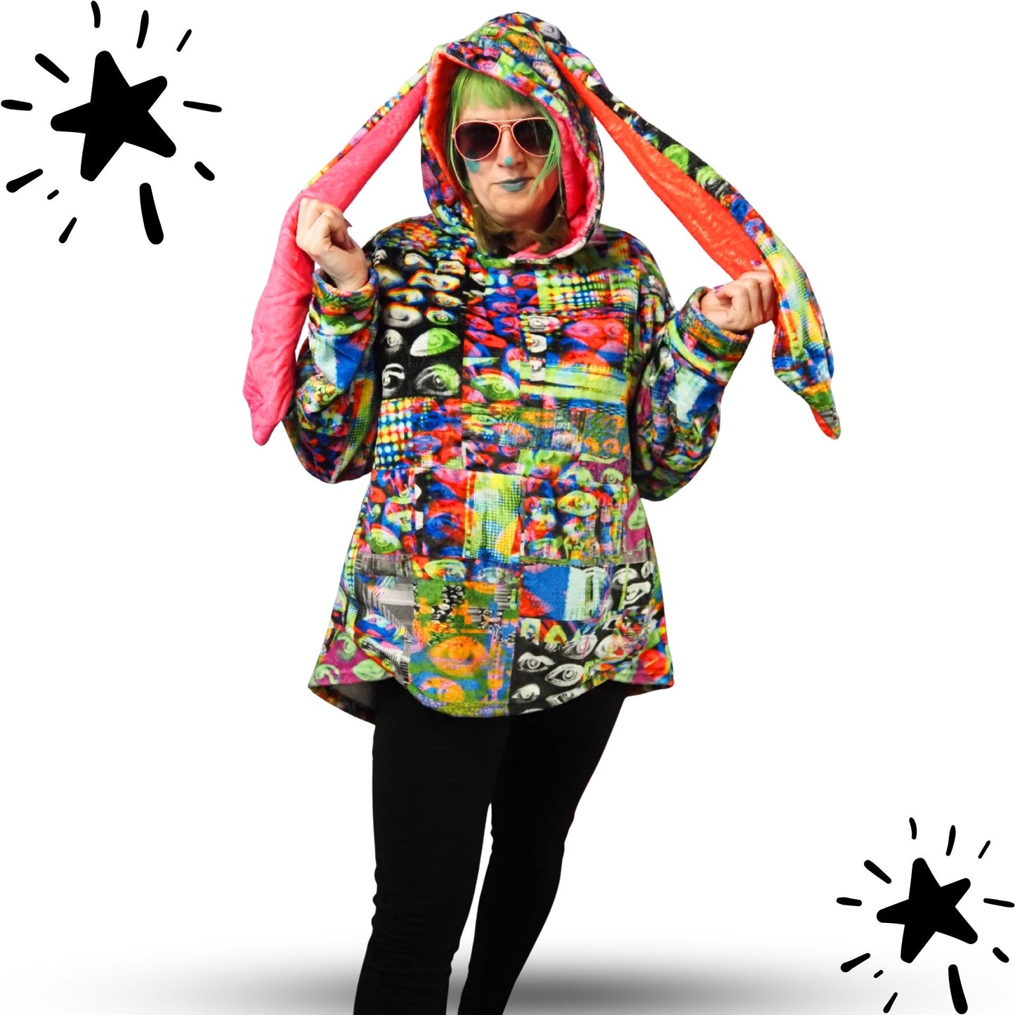 Cozy Bunny Hoodie Abstract Glitch Eye Rabbit Ear Plush Fleece Longline Sweatshirt