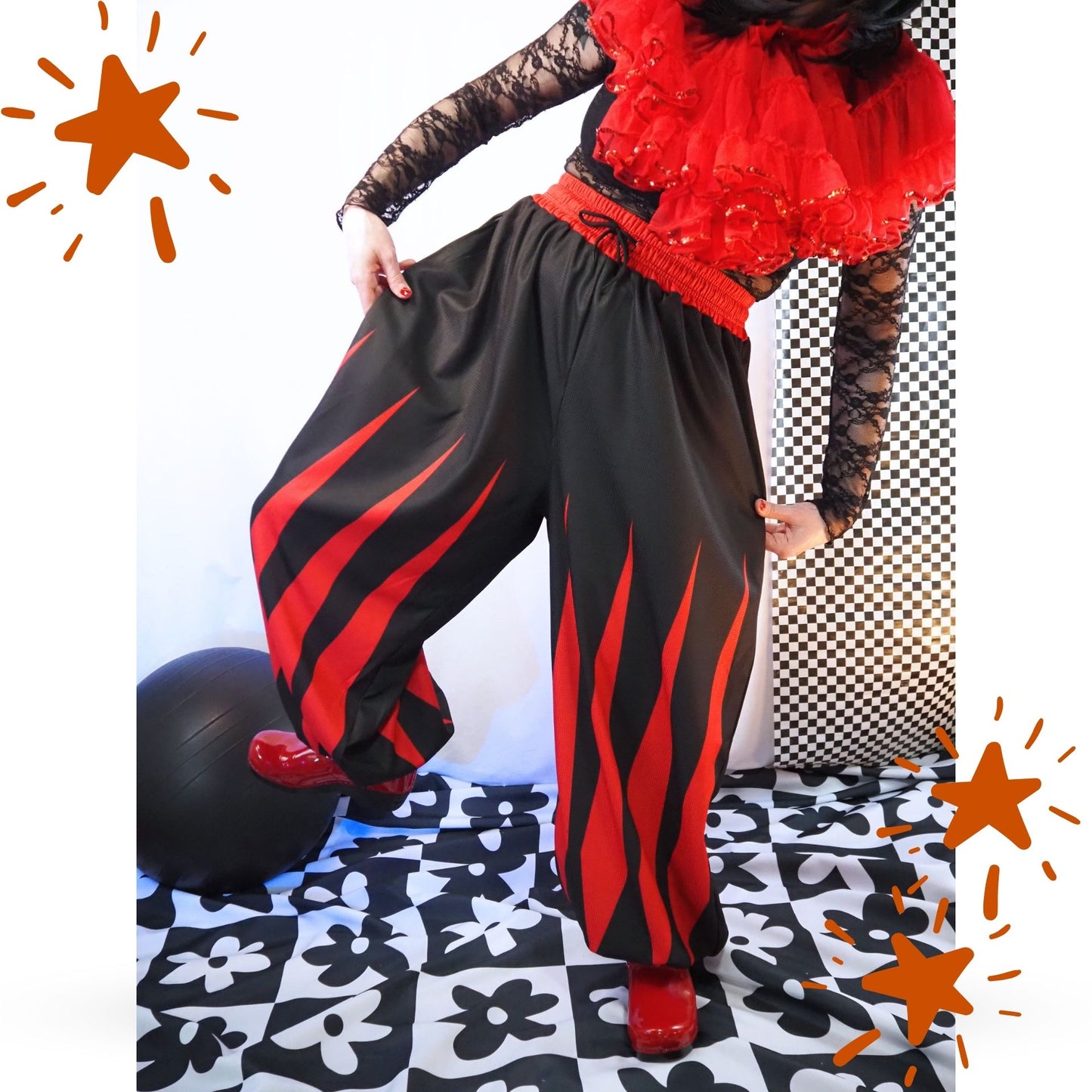 Slashed Slops Cranberry Red Black Medieval Jester Pants