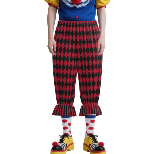Harlequin clown costume with red and black checkered pants on a white background