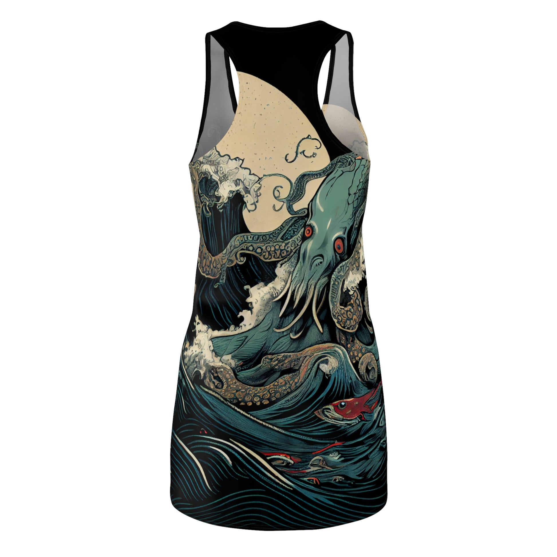 racerback tank dress with a design of an octopus and fish on a wave, on a white background