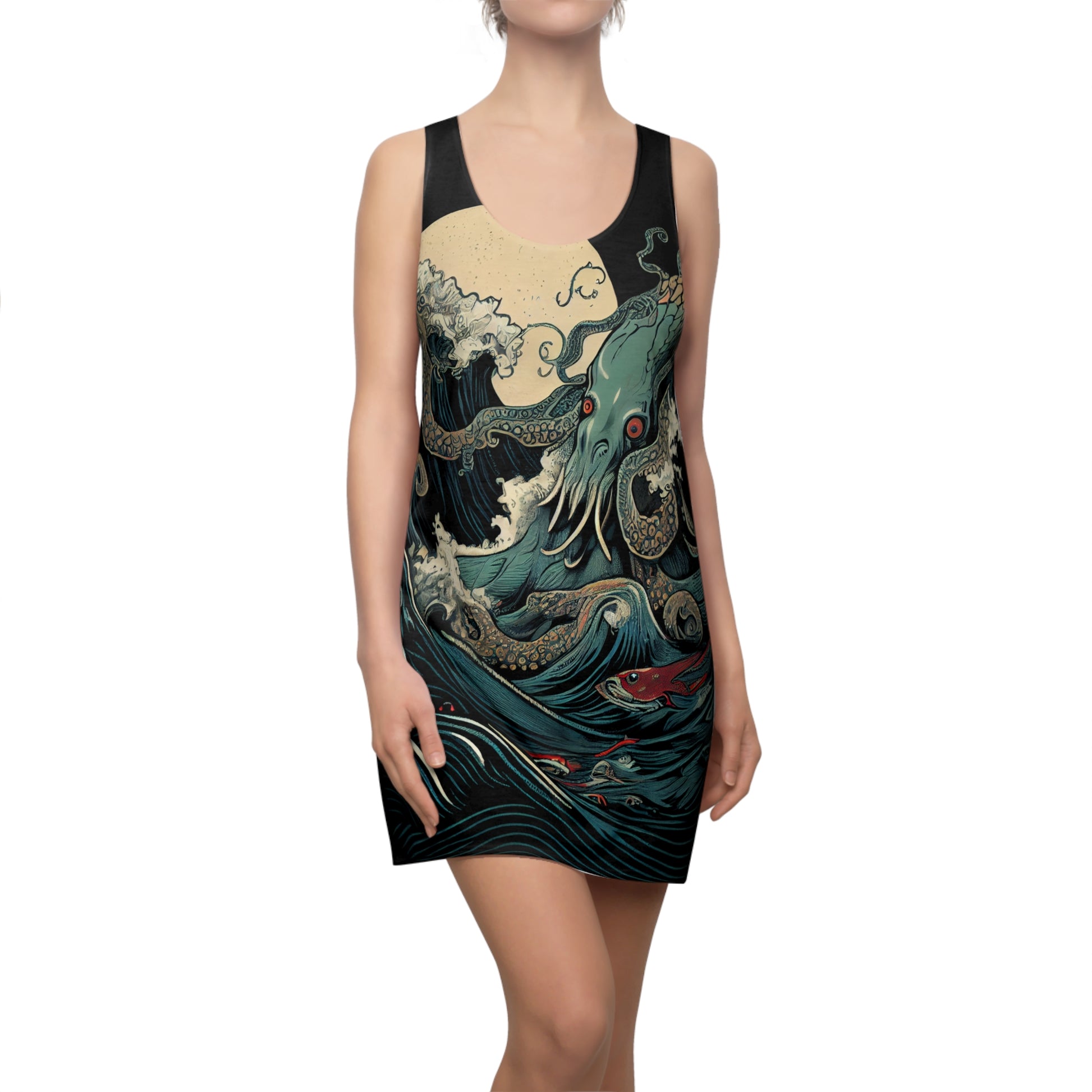Dress with a sea-themed design featuring an octopus and fish on a white background