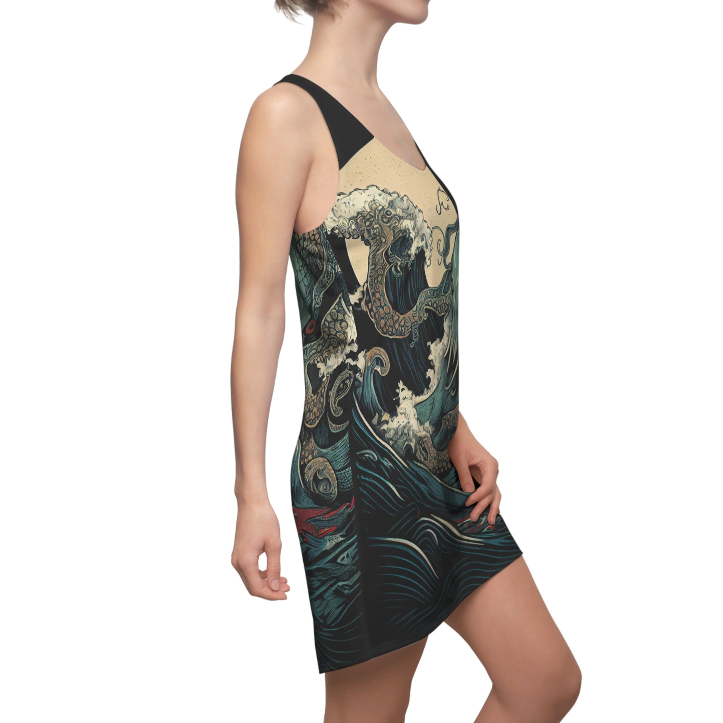 Woman wearing a sleeveless dress with a wave and Cthulhu design on a white background