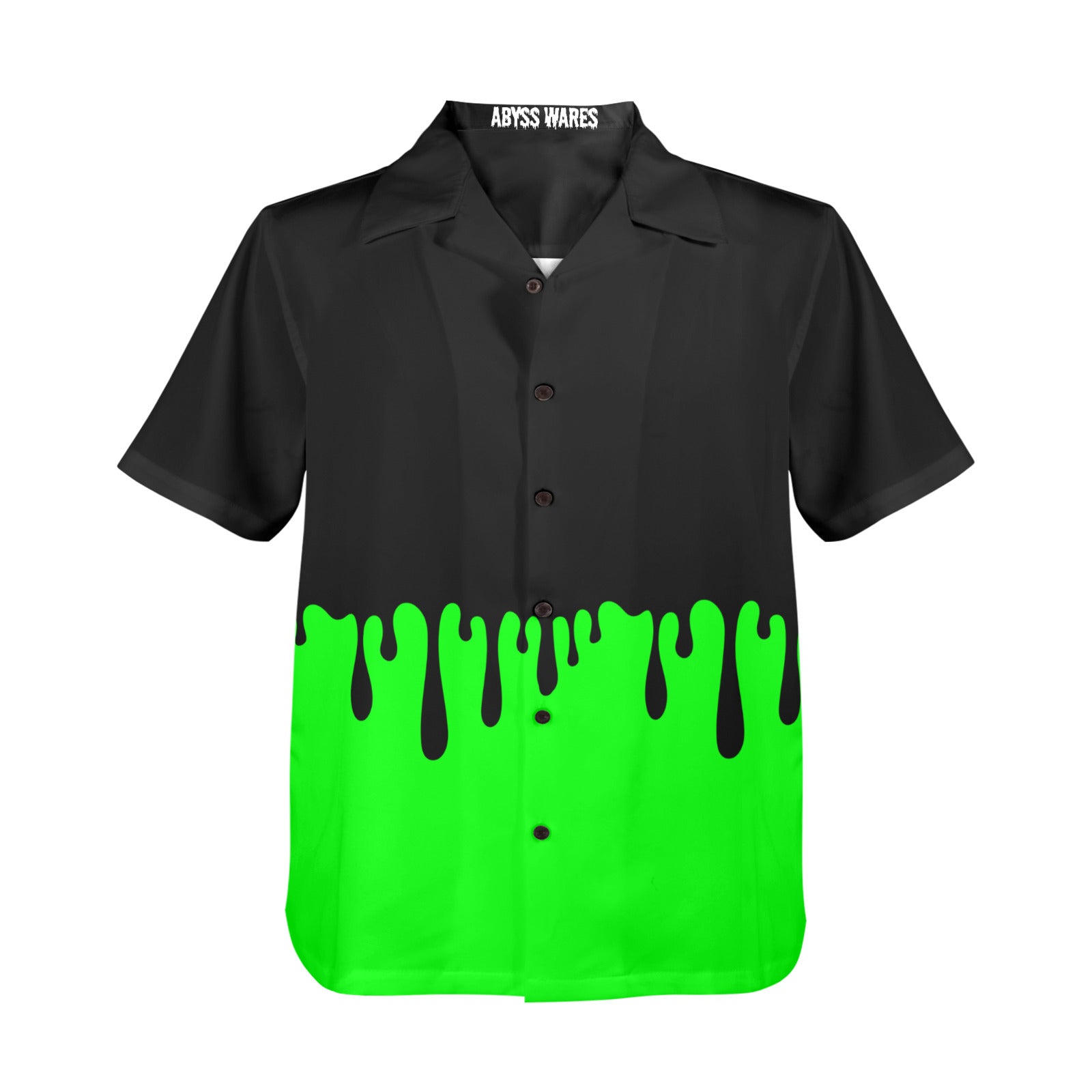 Cyber Ooze Button Up short sleeve Shirt for men, whimsigoth drippy black ooze over cyberpunk lime green, made in the USA