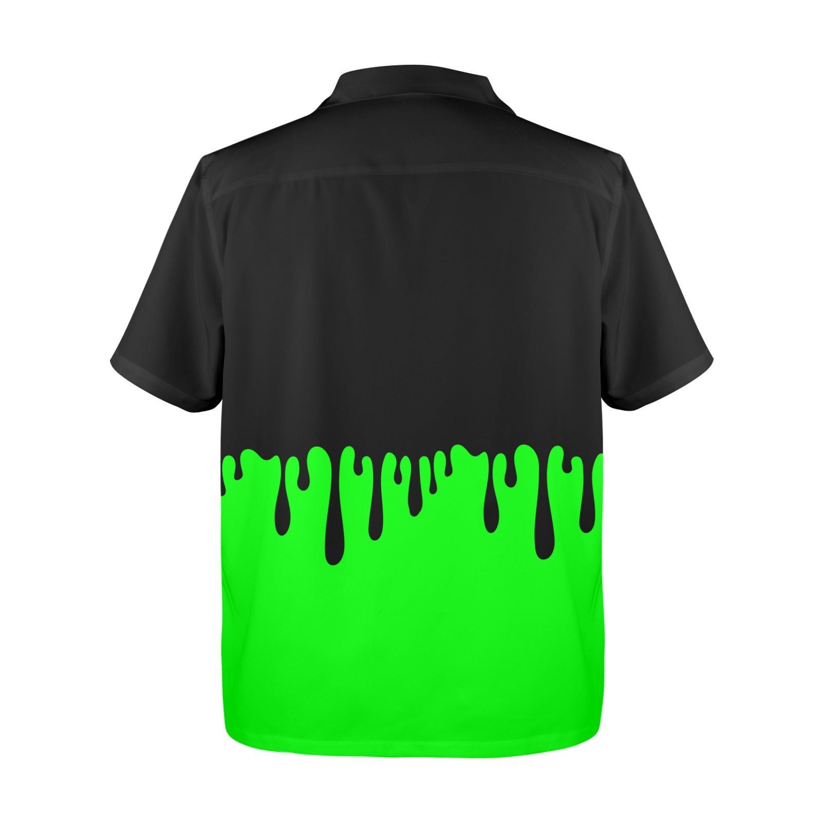 drippy black splat ooze design over bright lime green mens button down short sleeve casual Hawaiian shirt