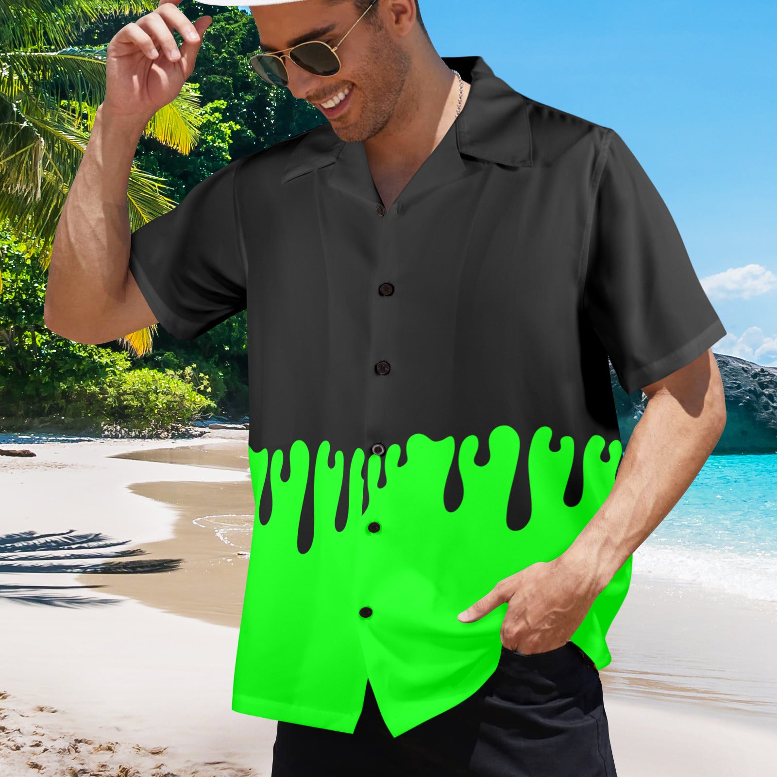mens gothic Hawaiian shirt beachwear everyday, drippy black over cyber lime green short sleeved button up shirt