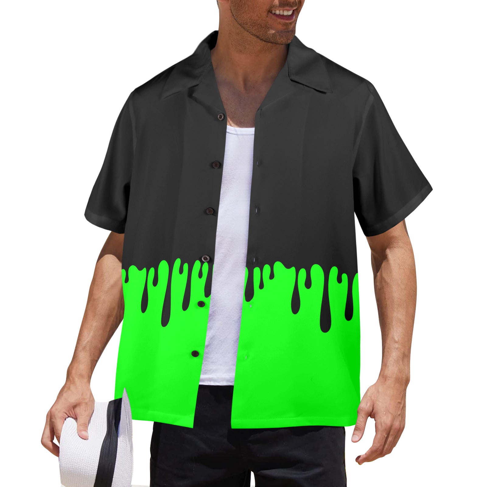 Guys gothic cyberpunk button up shirt with black dripping ooze over bright lime green, lightweight summer Hawaiian shirt made in America