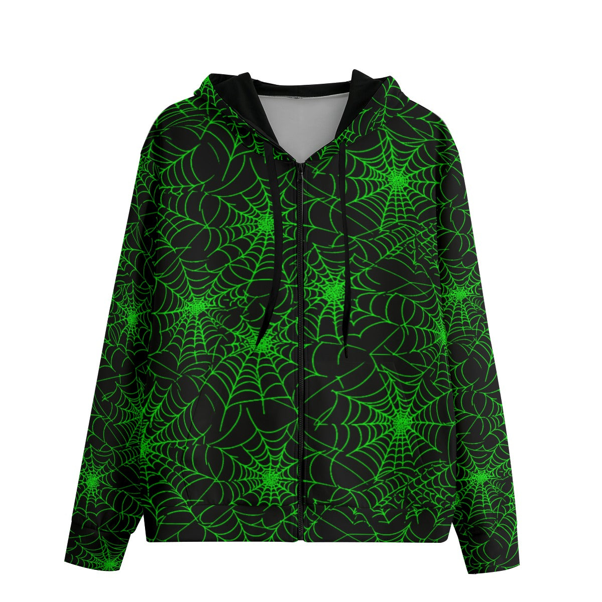 Hoodie with green spider web pattern on a white background