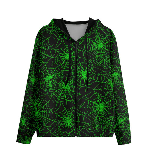Hoodie with green spider web pattern on a white background