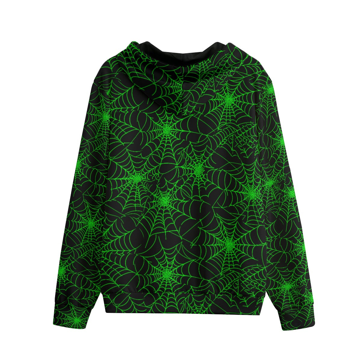 Black hoodie with green spider web pattern on a white background