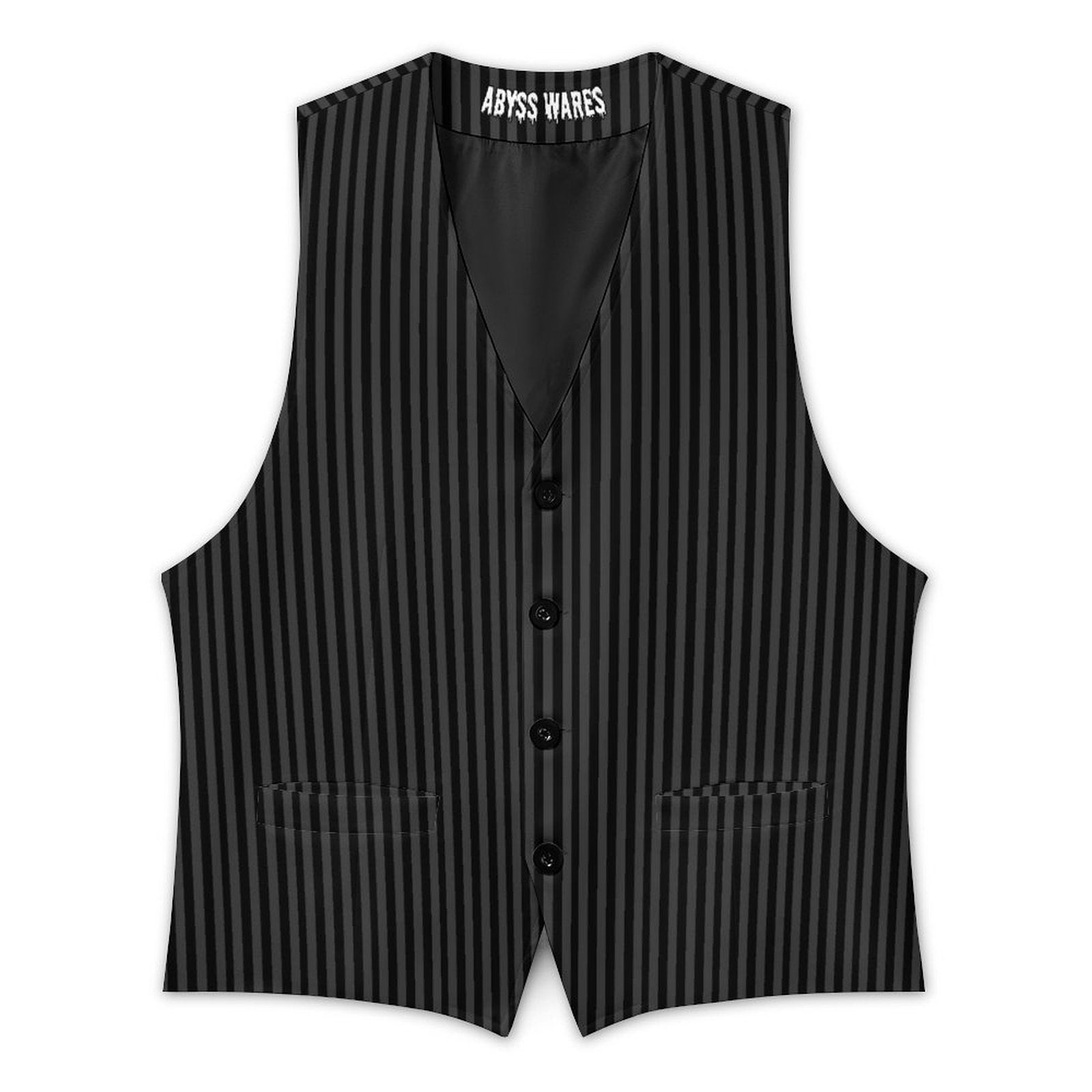 Black pinstripe vest with 'Abyss Wares' branding on a white background