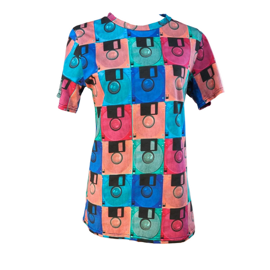 colorful cotton unisex tshirt printed with retro computer floppy disks in Y2K colors