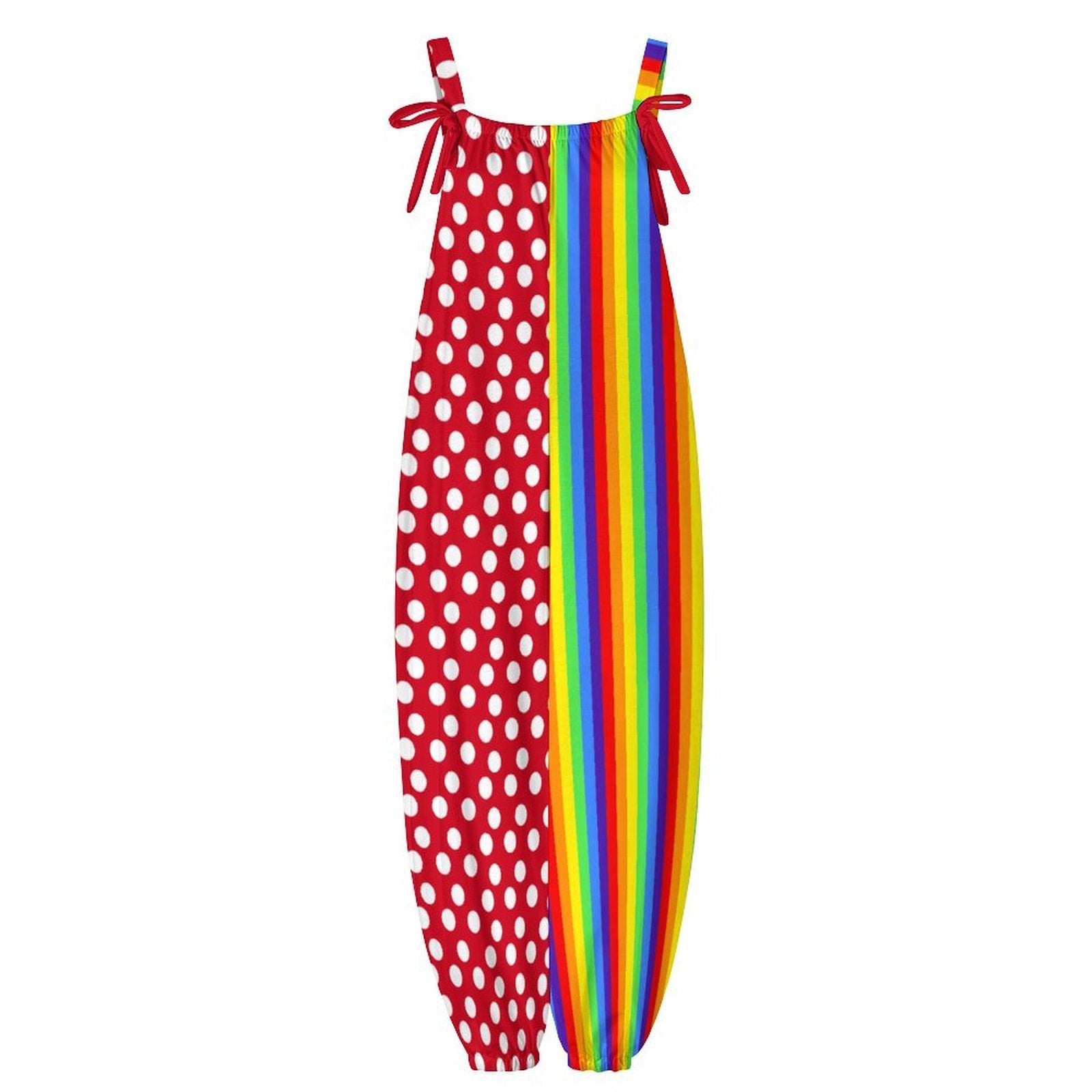 Red polka dot jumpsuit with rainbow straps on a white background