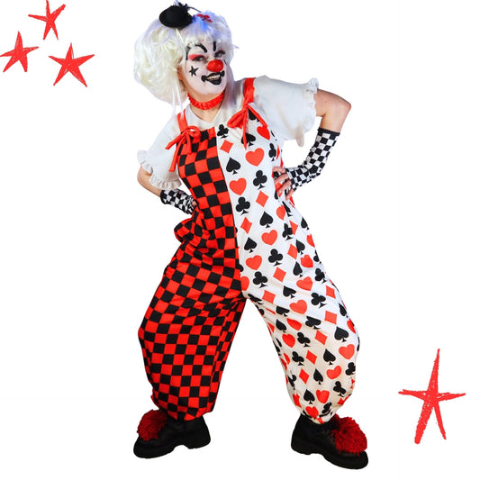Person wearing a clown costume with checkered and card suit pants on a white background