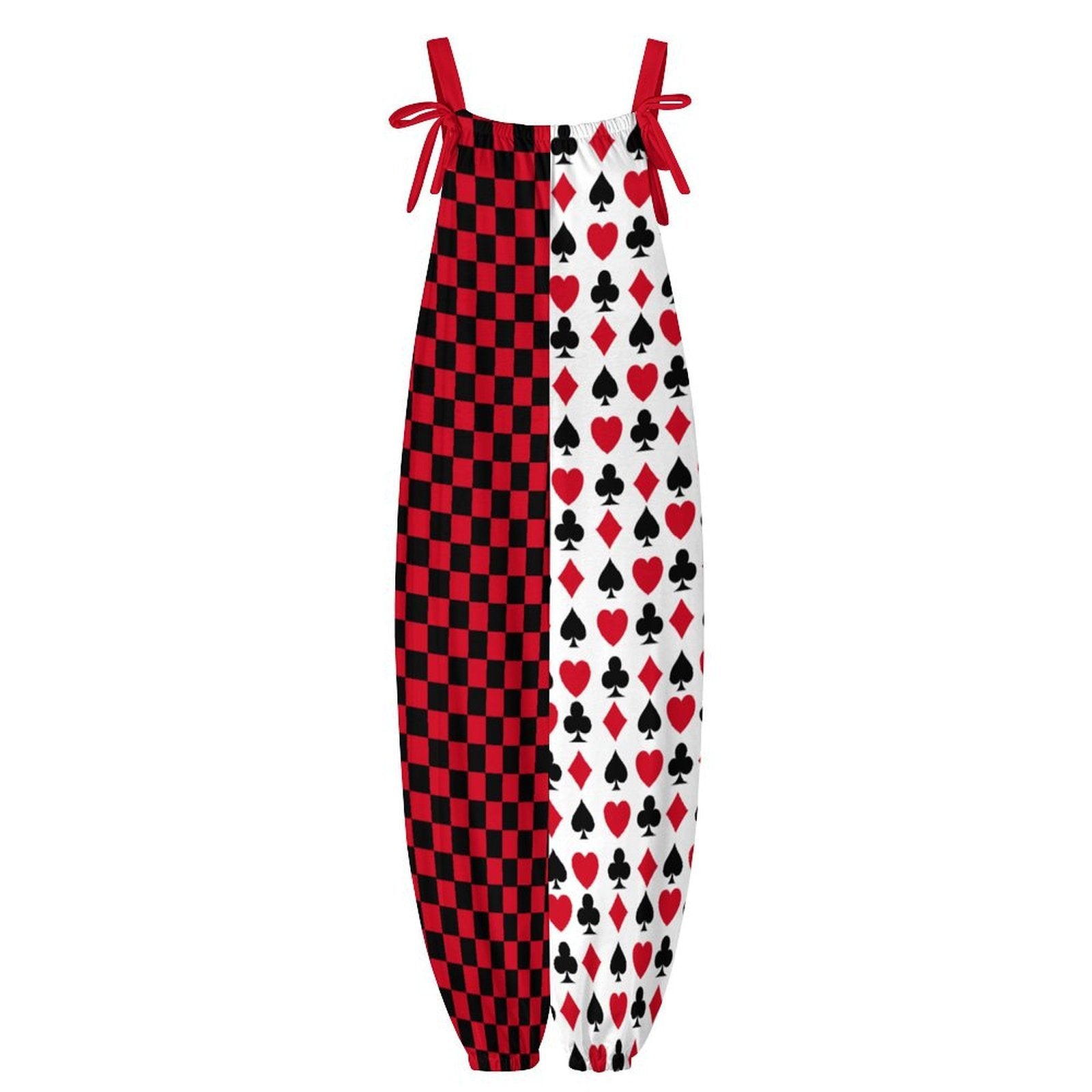 Jumpsuit with red and black checkered pattern on one side and card suit pattern on the other, on a white background.