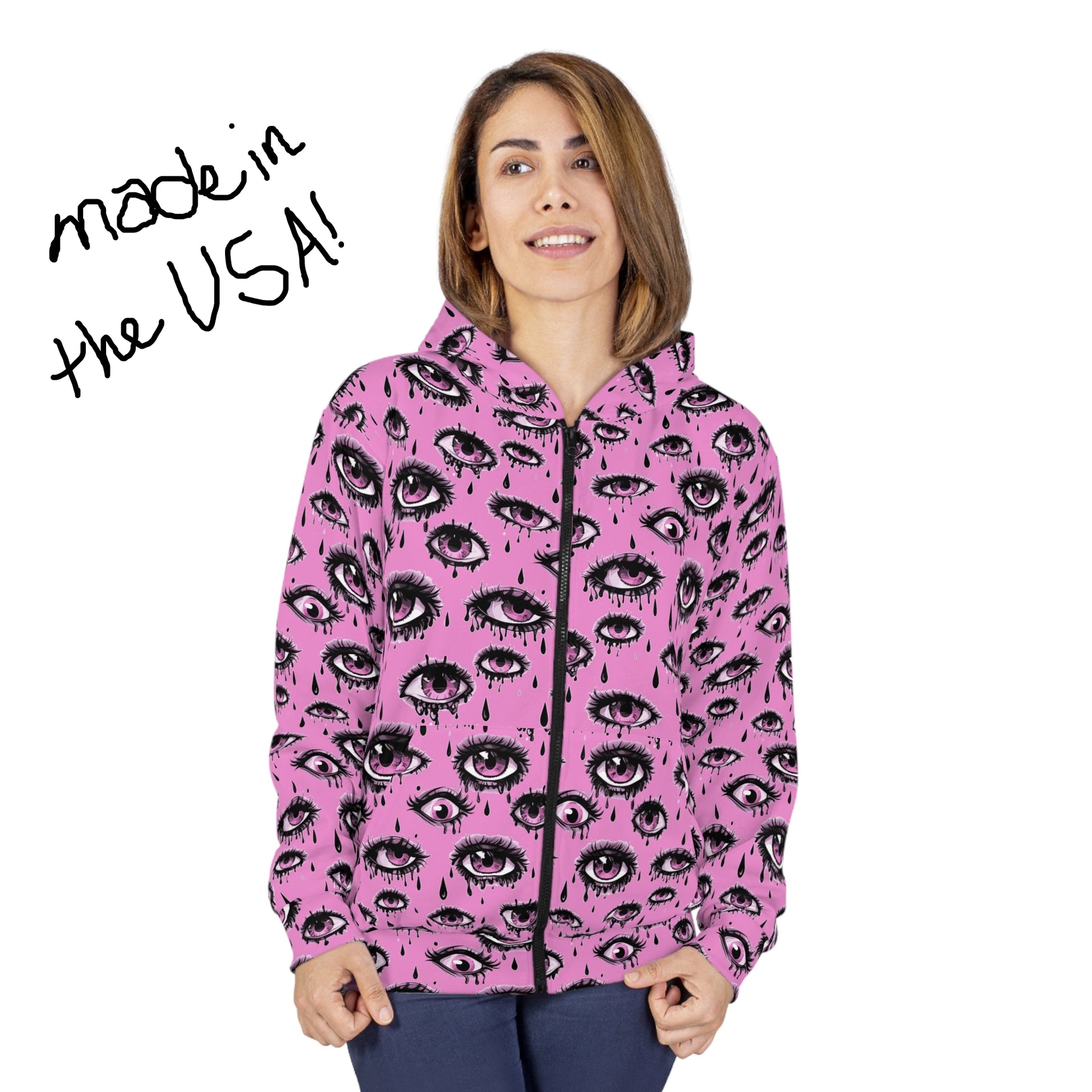 cozy adult size pink hoodie printed all over with drippy gothic eyes