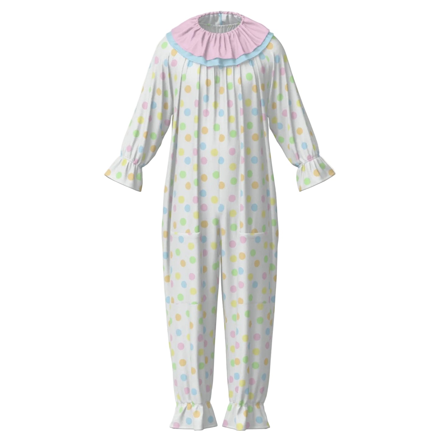 pastel Polka dot adult clown suit with a pink collar on a white background