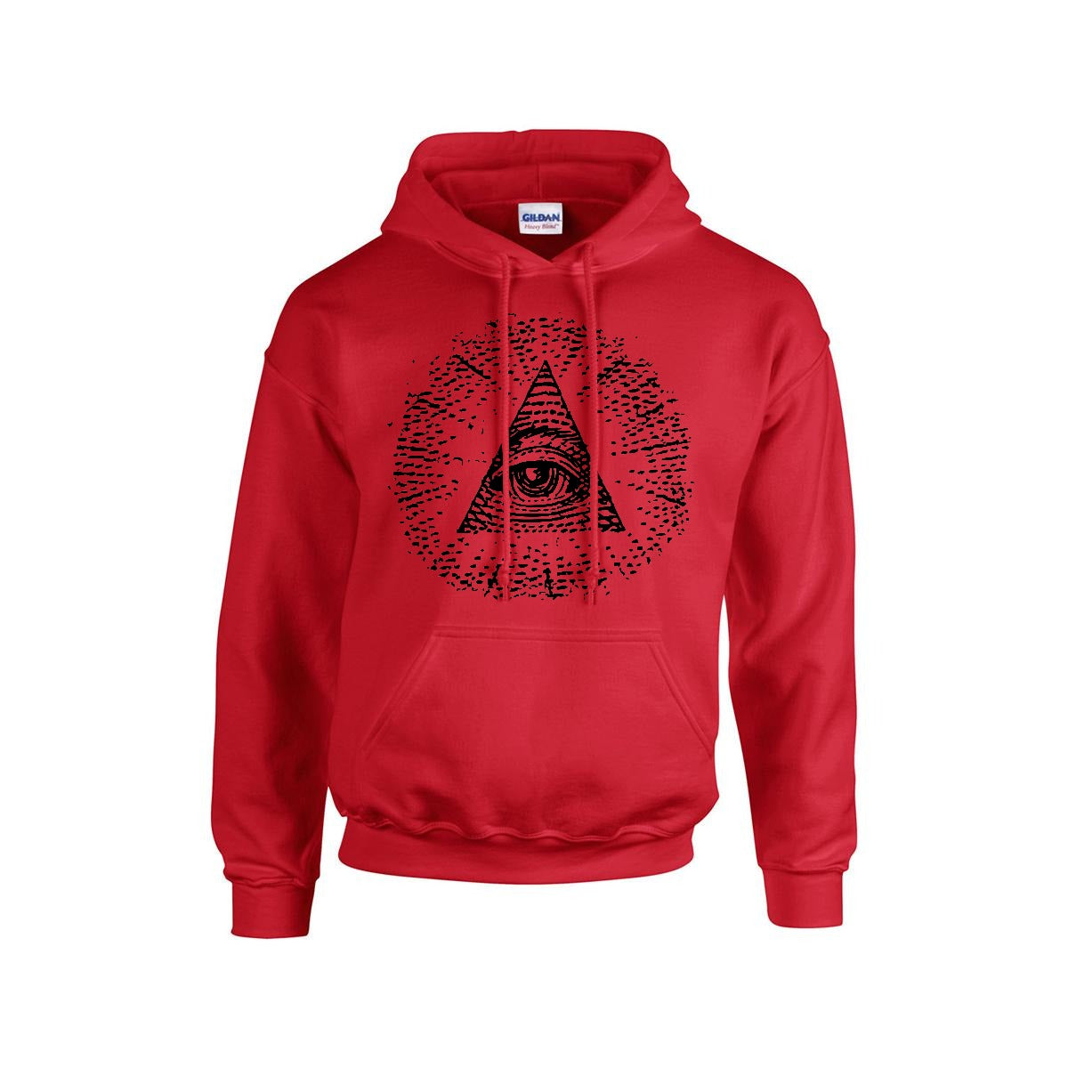 Red hoodie with black eye of providence graphic design on a white background