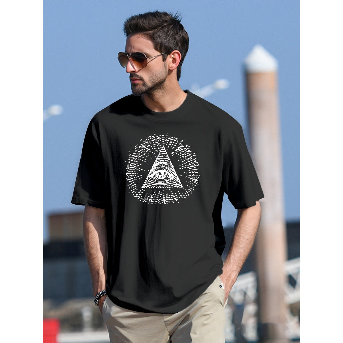Eye of Providence Tshirt pyramid eye print in white on black unisex shirt