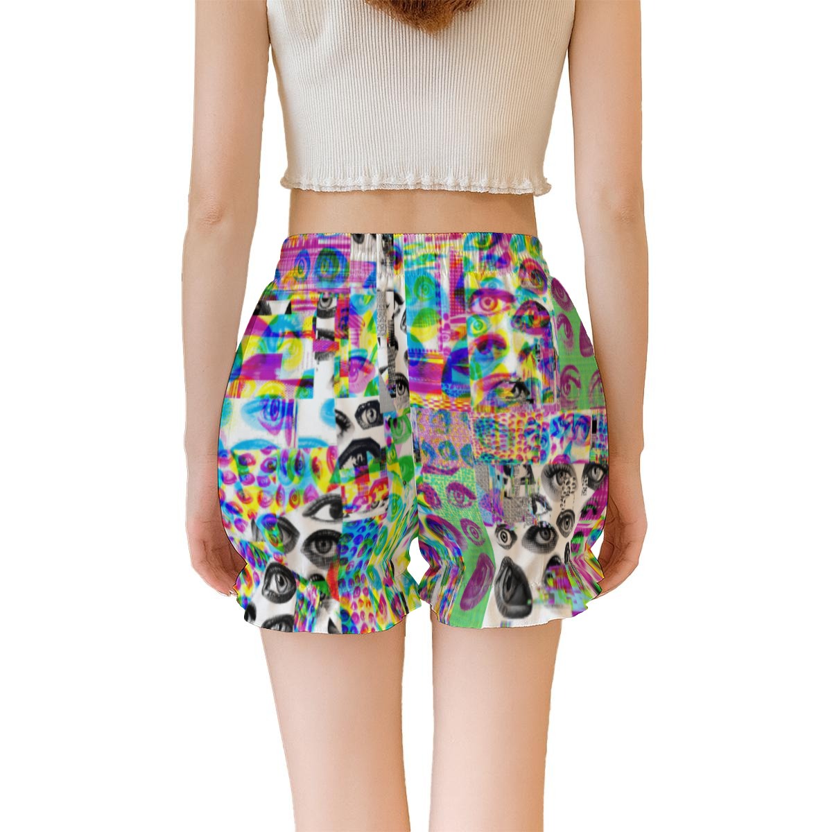 Colorful shorts with glitch eyeball  design worn by a person on a white background