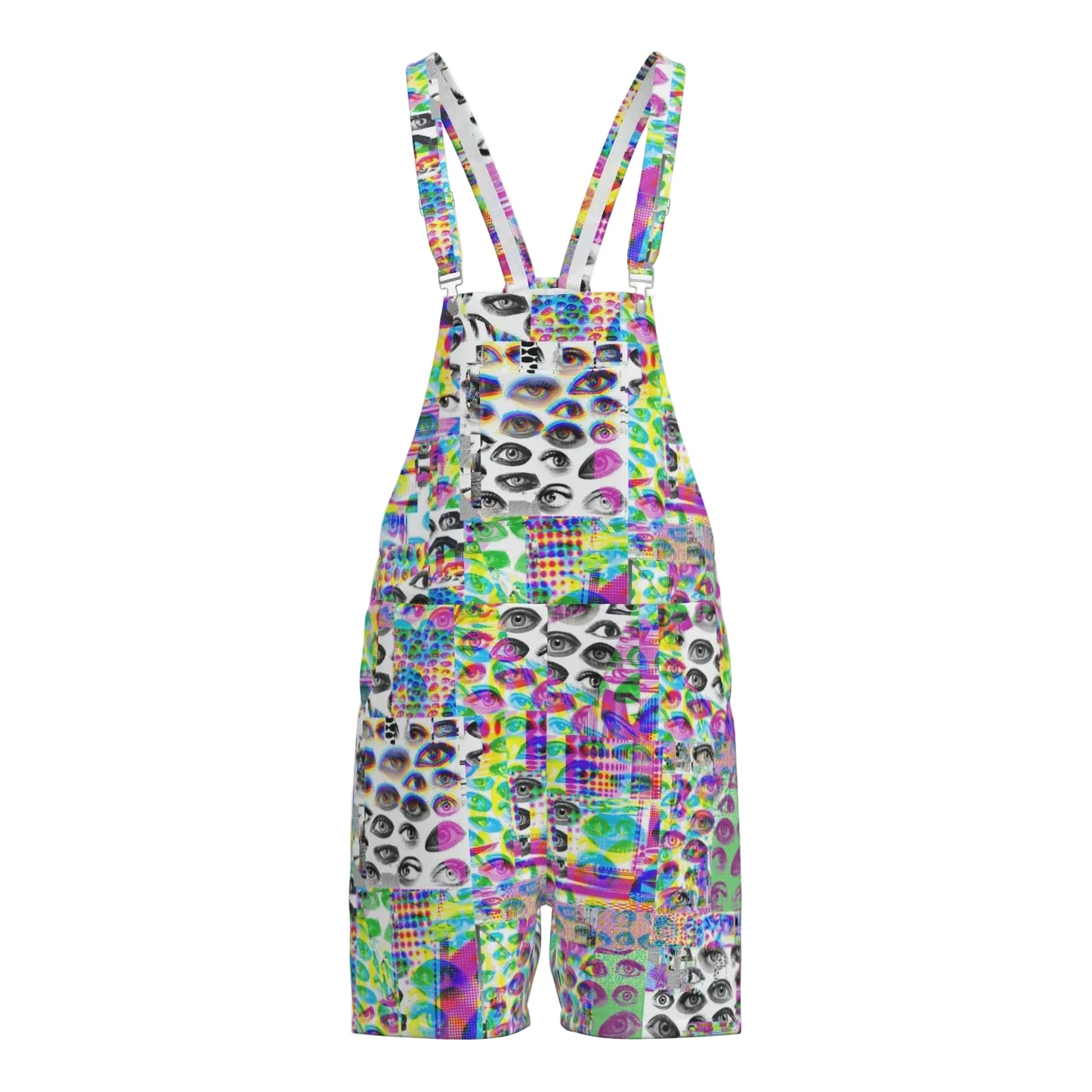 Colorful patterned overalls on a white background