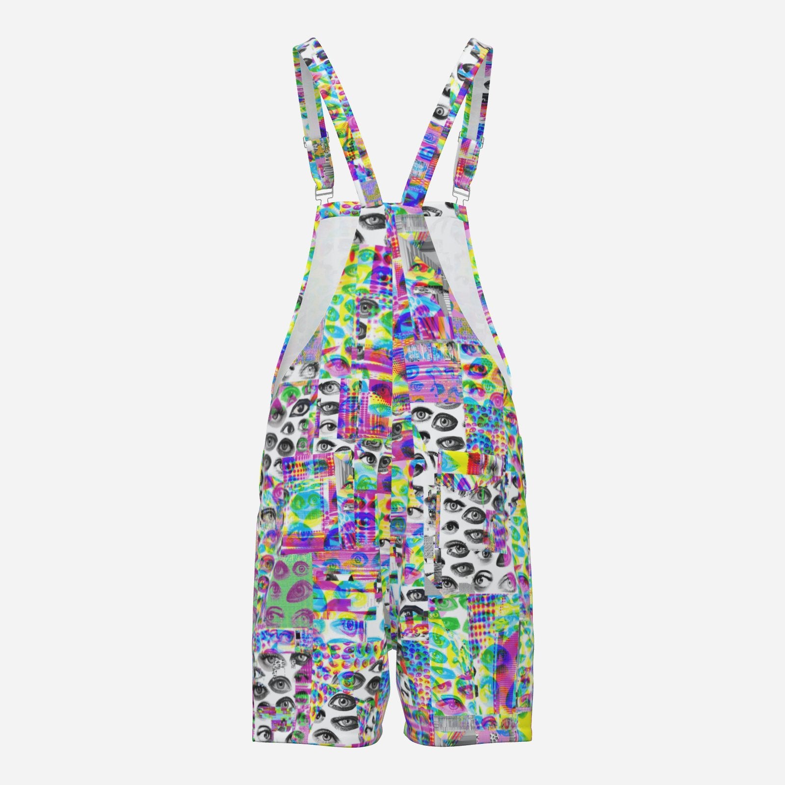 Colorful patterned overalls on a white background