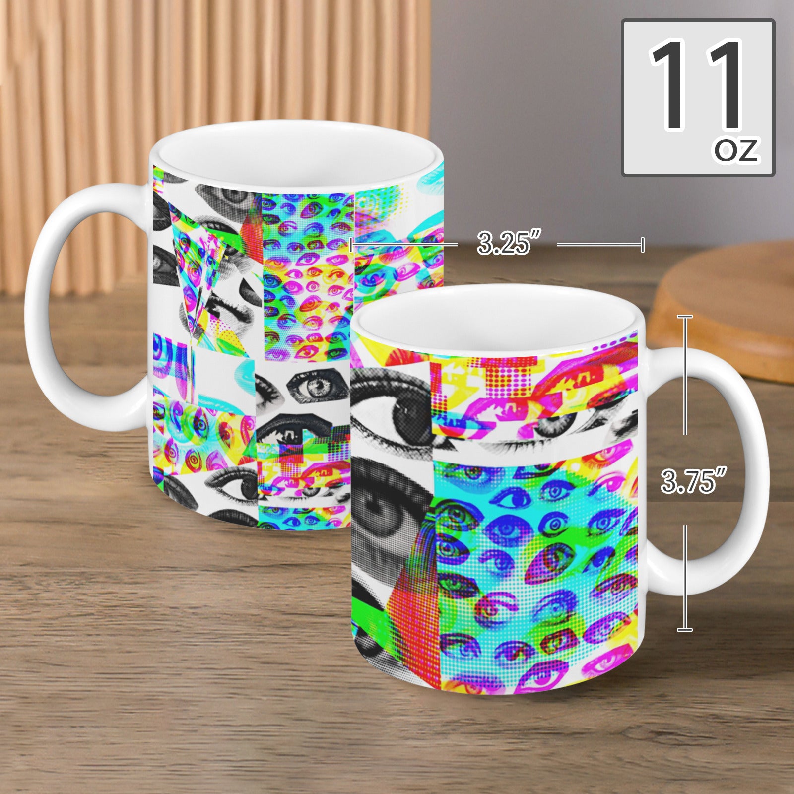standard 11oz mug size, colorful Eyes Glitch coffee mugs set with weird glitchy eye print