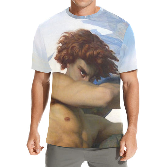 T-shirt with a graphic design of a muscular figure against a mountainous background