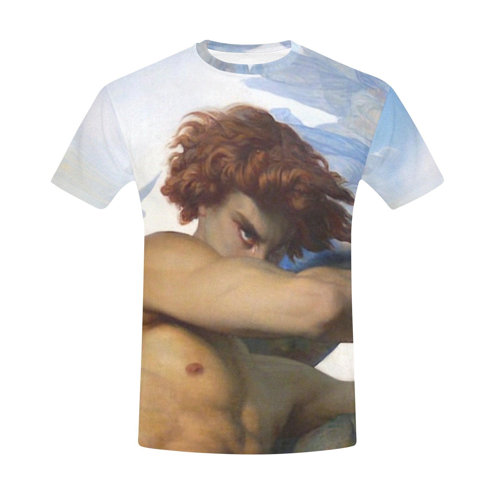 T-shirt with a classical painting design of a nude figure against a light blue sky.