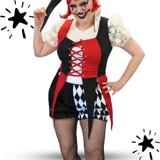 Fangled Bodice Cranberry Red Black Colorblock Jester Corset Bustier Vest
