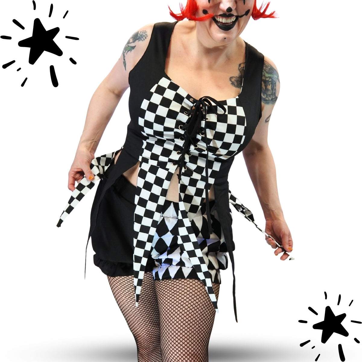 Fangled Bodice Check Black White Jester Bustier Corset Vest