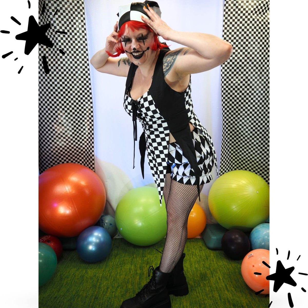 Fangled Bodice Check Black White Jester Bustier Corset Vest