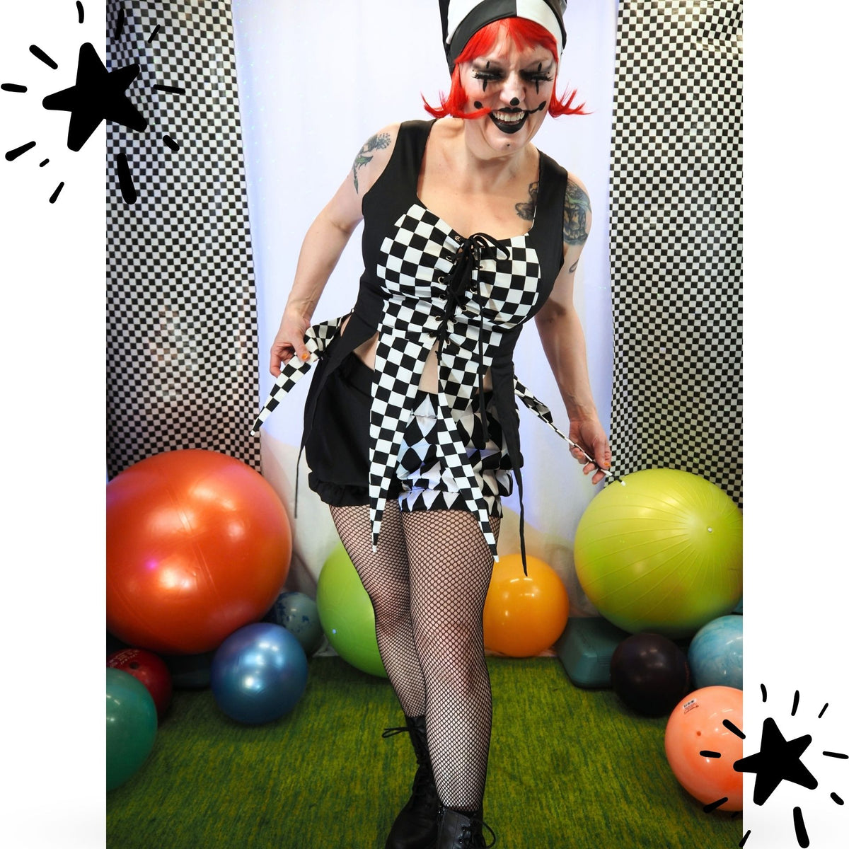 Fangled Bodice Check Black White Jester Bustier Corset Vest