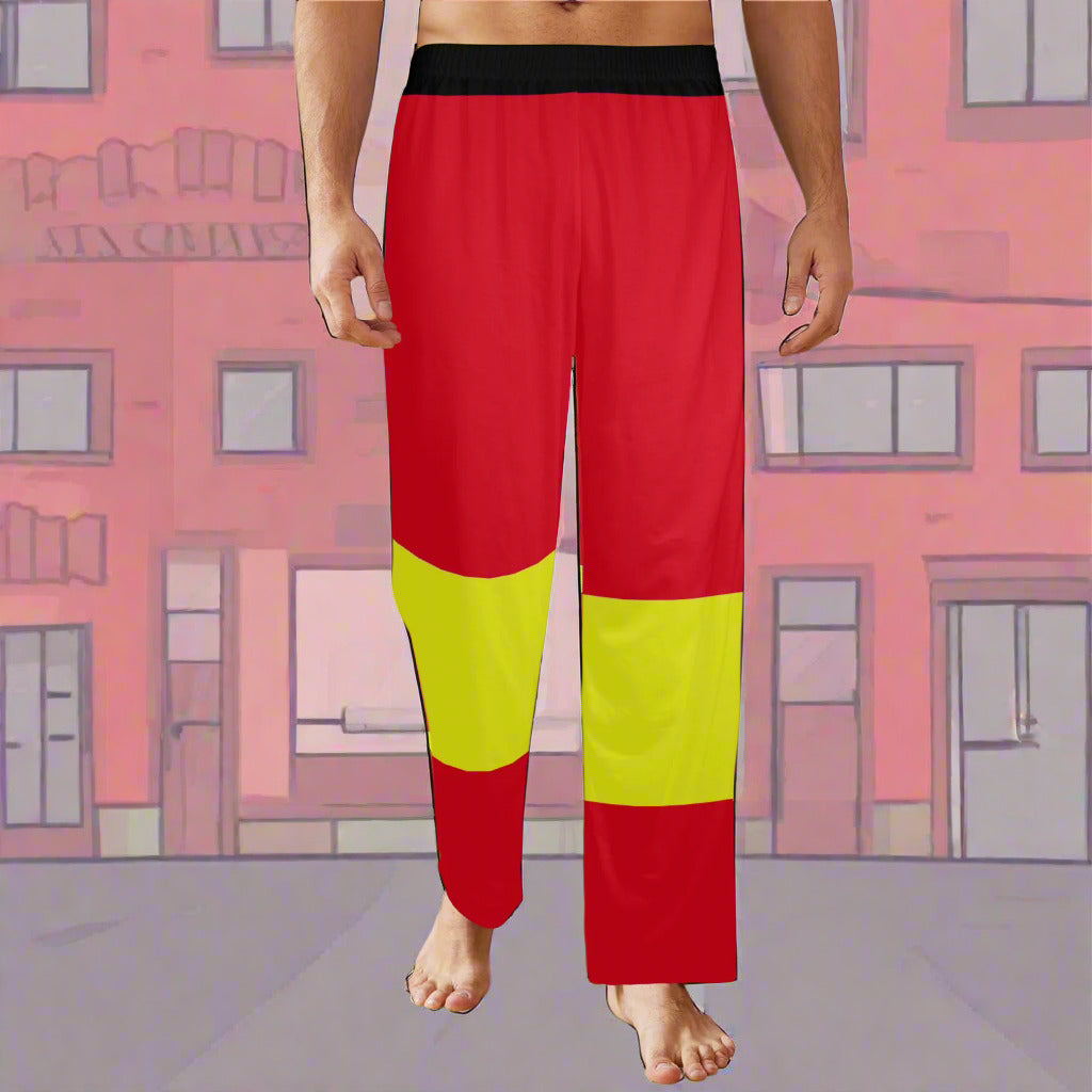 relaxed fit sleep pants for men women unisex, in red and yellow firefighter dressup pants