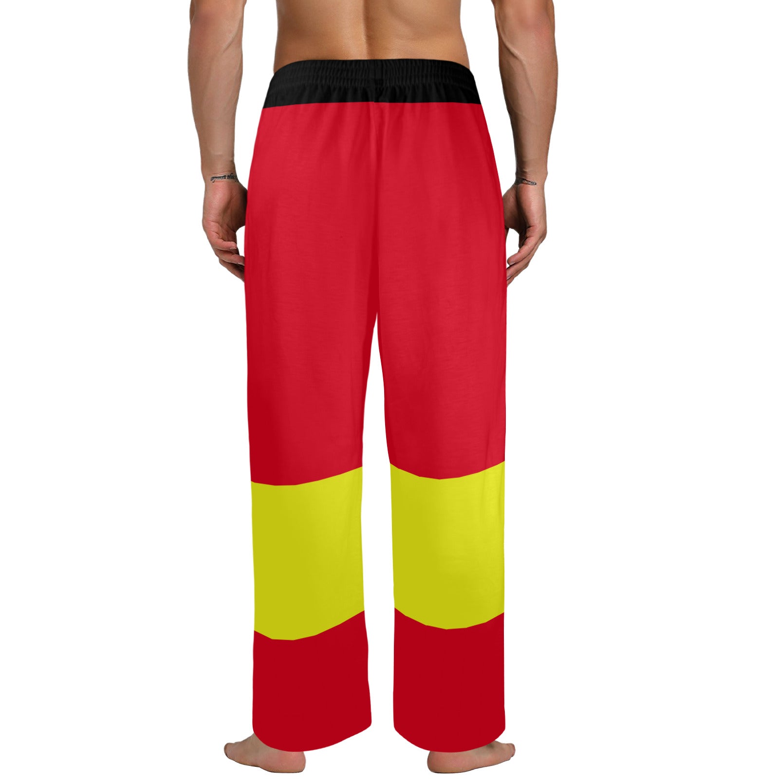 fun bright red baggy sleep pants or costume pants with yellow stripe under the knee, long sleep pants, nonbinary