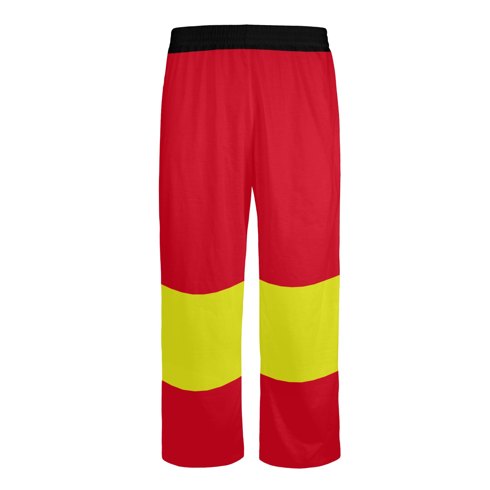 Firefighter Clown Pants in simple bright fire truck red with a yellow stripe below the knee and a black waistband, unisex