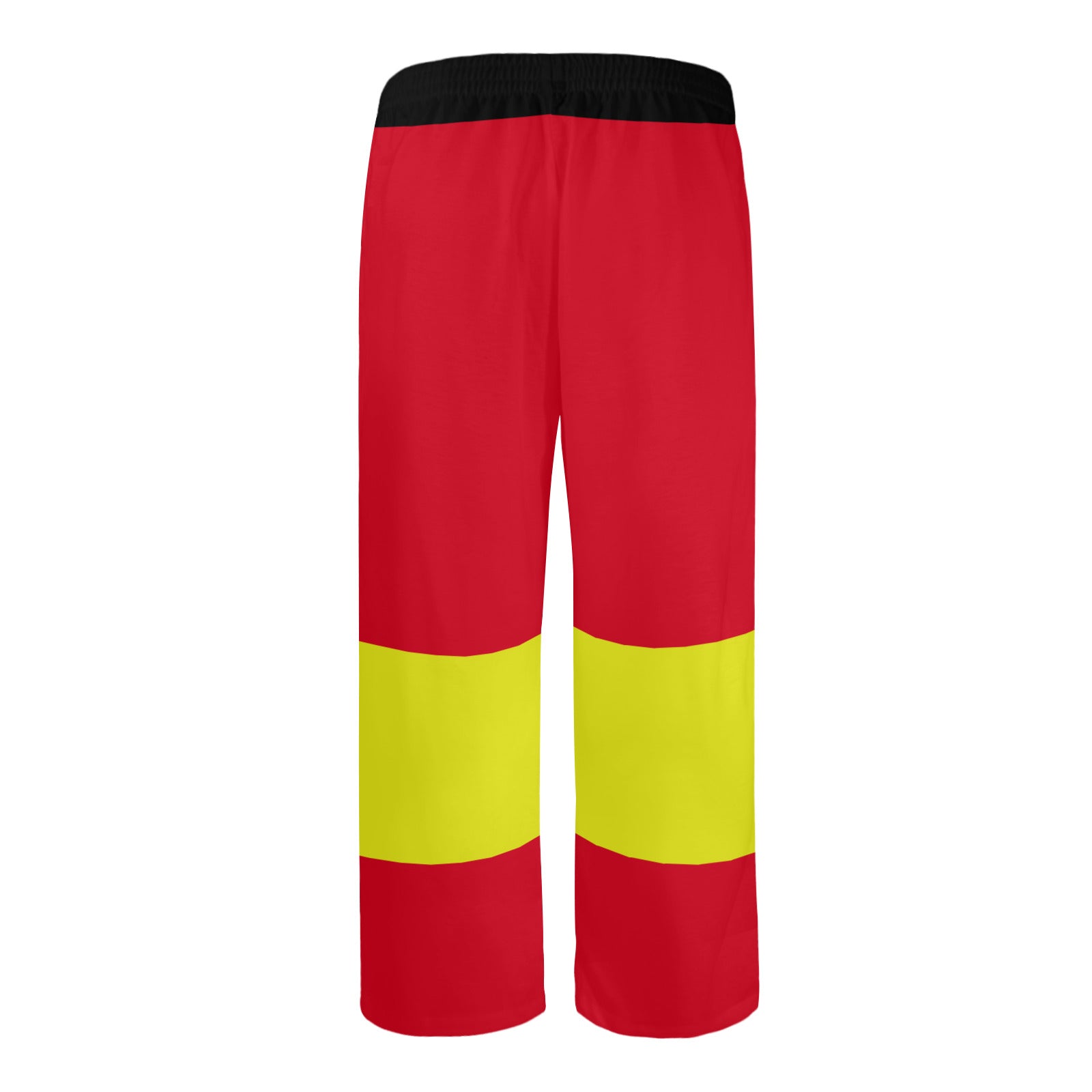 long red trousers with yellow stripe and black waistband, nonbinary sizing