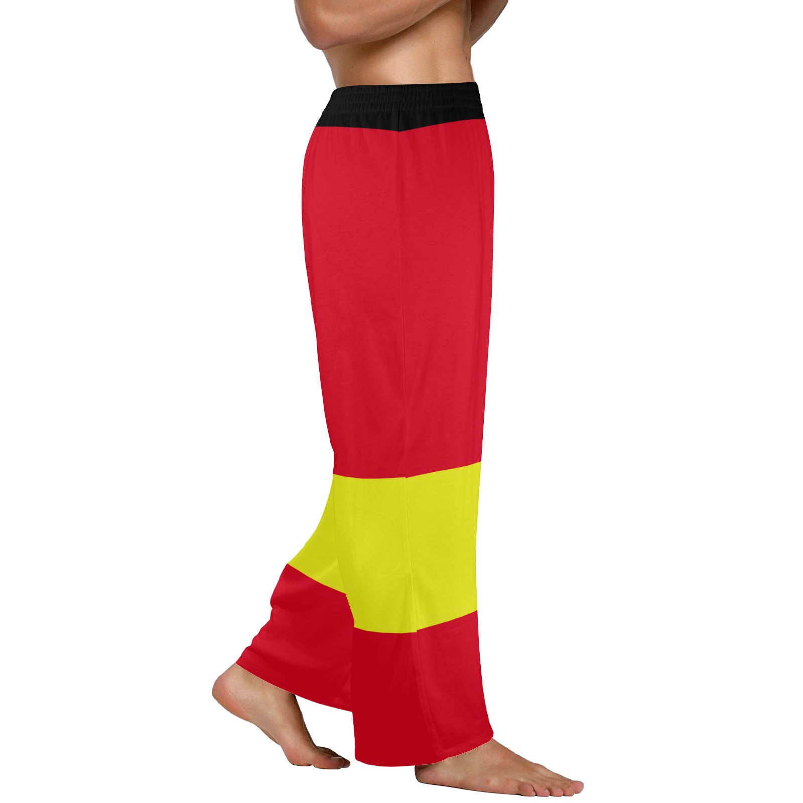 unisex sleep pants pajama pants in fire engine red with a yellow stripe below the knee and black waistband for Halloween, sleepwear
