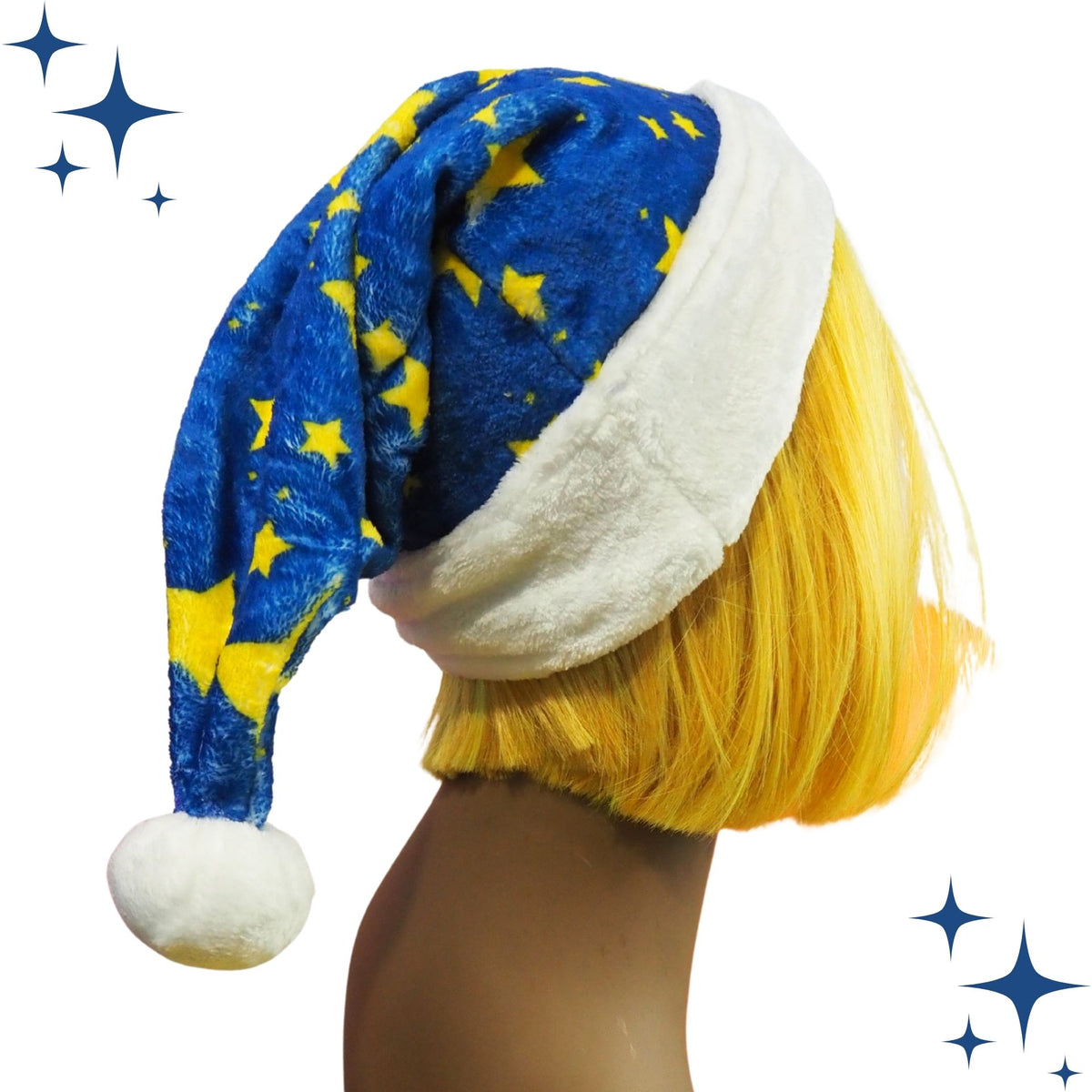 Fleece Fluffball Night Stardust Blue Yellow Stars White Trim Clown Santa Hat